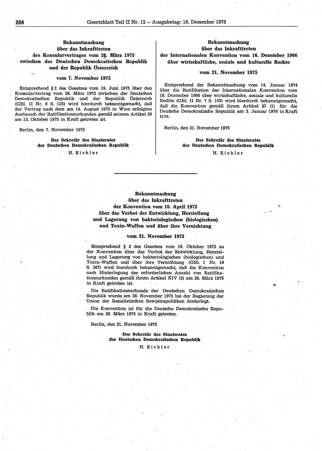 Gesetzblatt (GBl.) der Deutschen Demokratischen Republik (DDR) Teil ⅠⅠ 1975, Seite 266 (GBl. DDR ⅠⅠ 1975, S. 266)