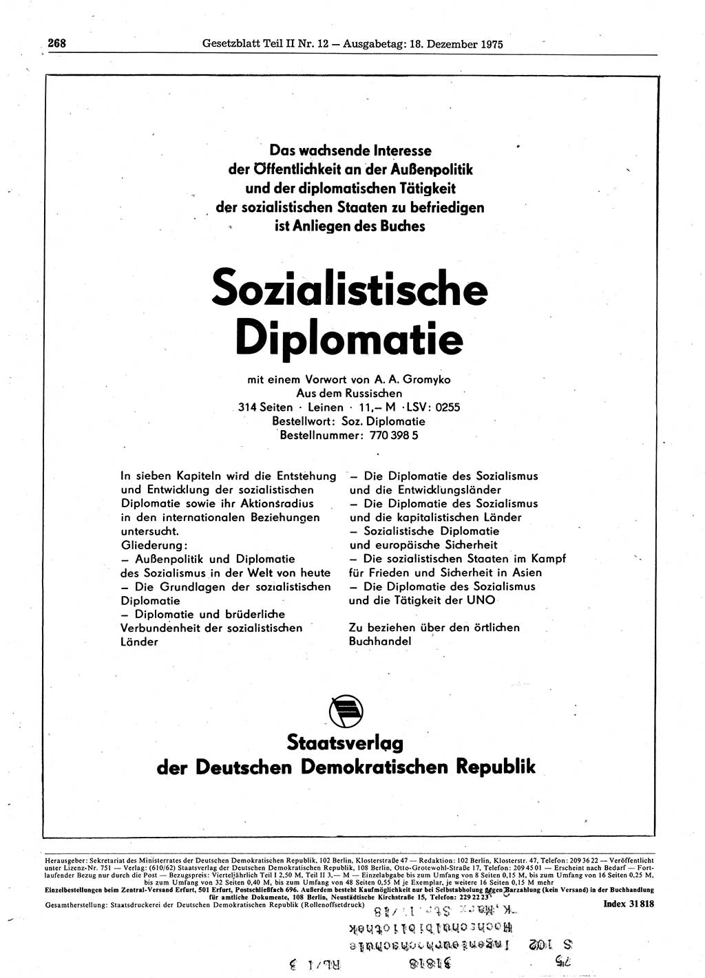 Gesetzblatt (GBl.) der Deutschen Demokratischen Republik (DDR) Teil ⅠⅠ 1975, Seite 268 (GBl. DDR ⅠⅠ 1975, S. 268)