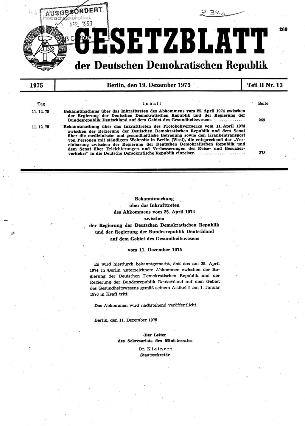 Gesetzblatt (GBl.) der Deutschen Demokratischen Republik (DDR) Teil ⅠⅠ 1975, Seite 269 (GBl. DDR ⅠⅠ 1975, S. 269)