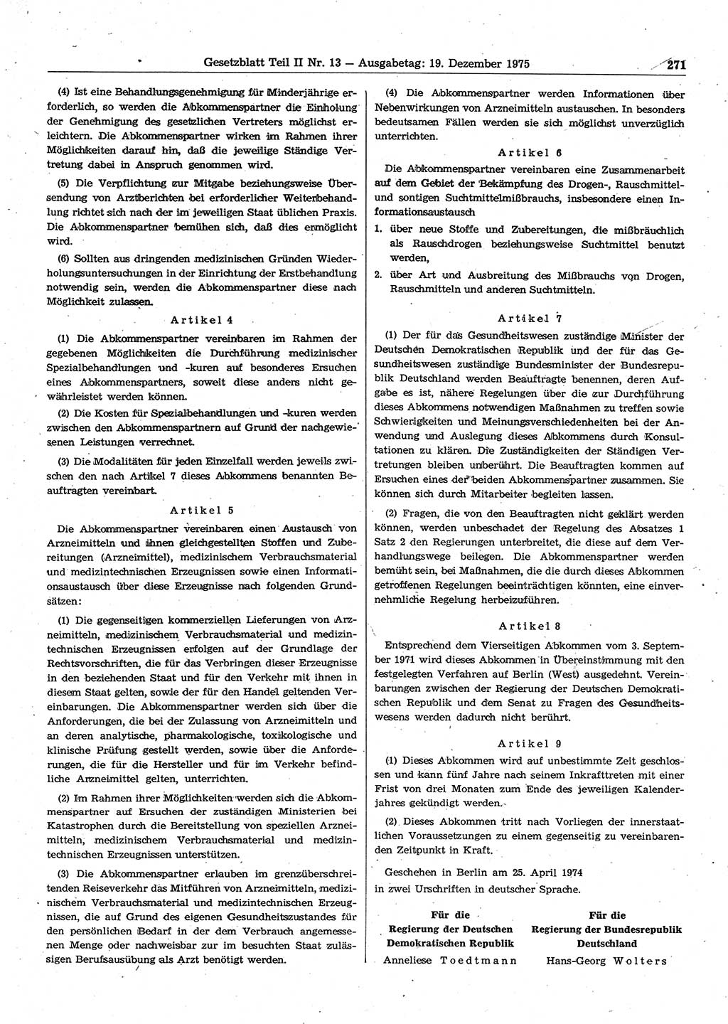 Gesetzblatt (GBl.) der Deutschen Demokratischen Republik (DDR) Teil ⅠⅠ 1975, Seite 271 (GBl. DDR ⅠⅠ 1975, S. 271)