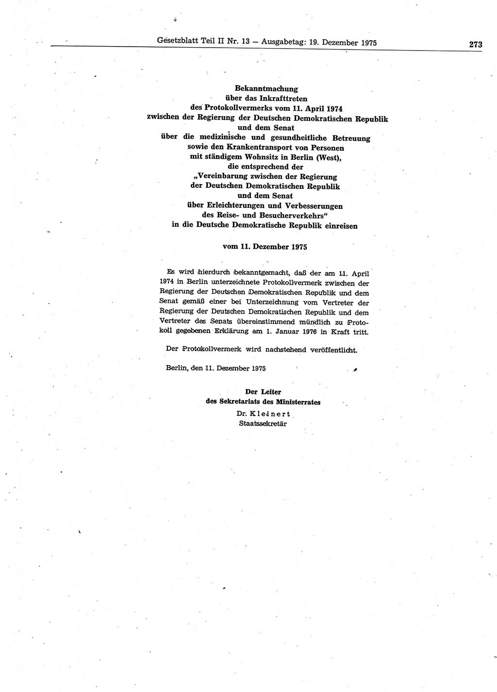 Gesetzblatt (GBl.) der Deutschen Demokratischen Republik (DDR) Teil ⅠⅠ 1975, Seite 273 (GBl. DDR ⅠⅠ 1975, S. 273)