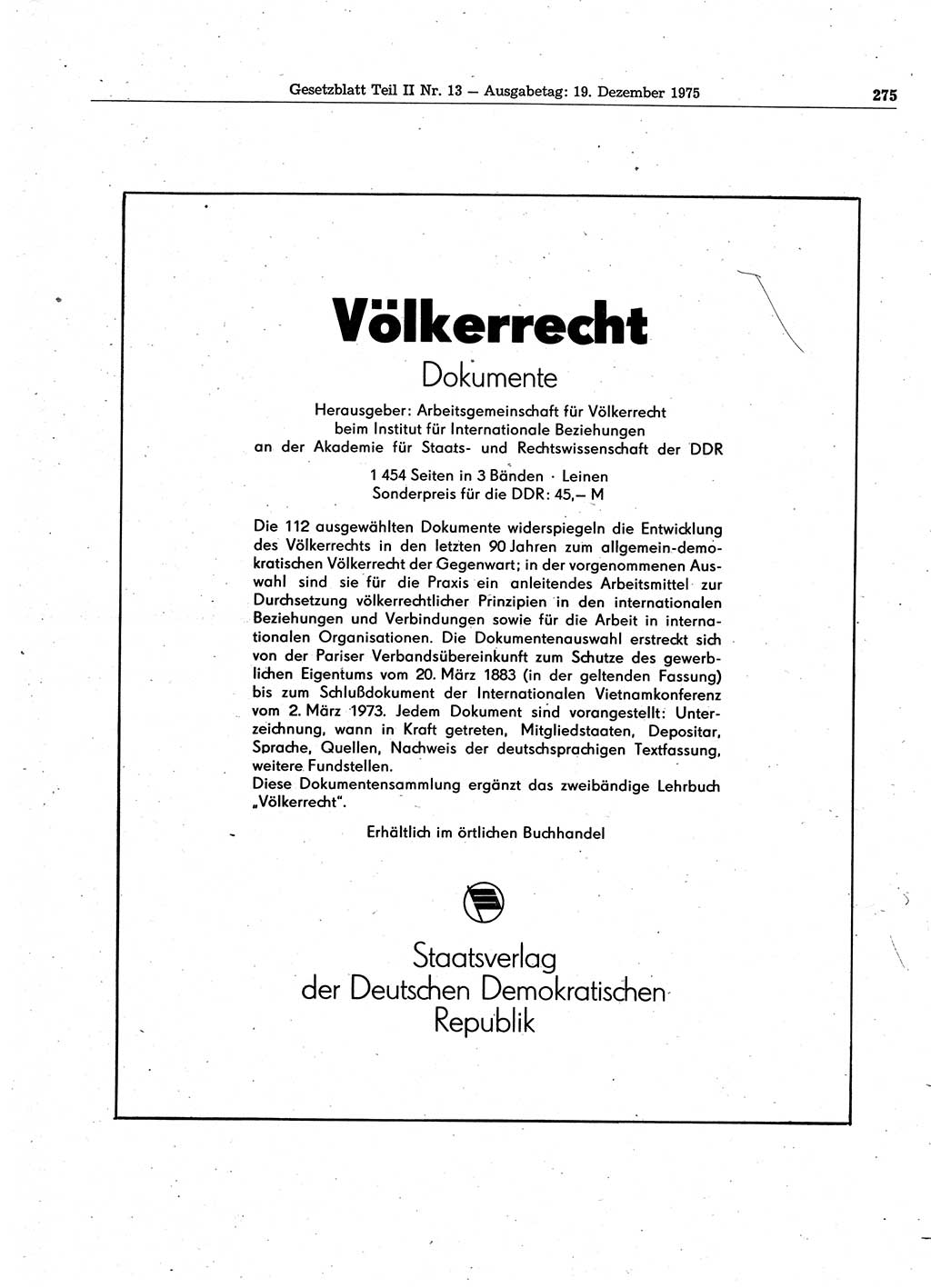 Gesetzblatt (GBl.) der Deutschen Demokratischen Republik (DDR) Teil ⅠⅠ 1975, Seite 275 (GBl. DDR ⅠⅠ 1975, S. 275)