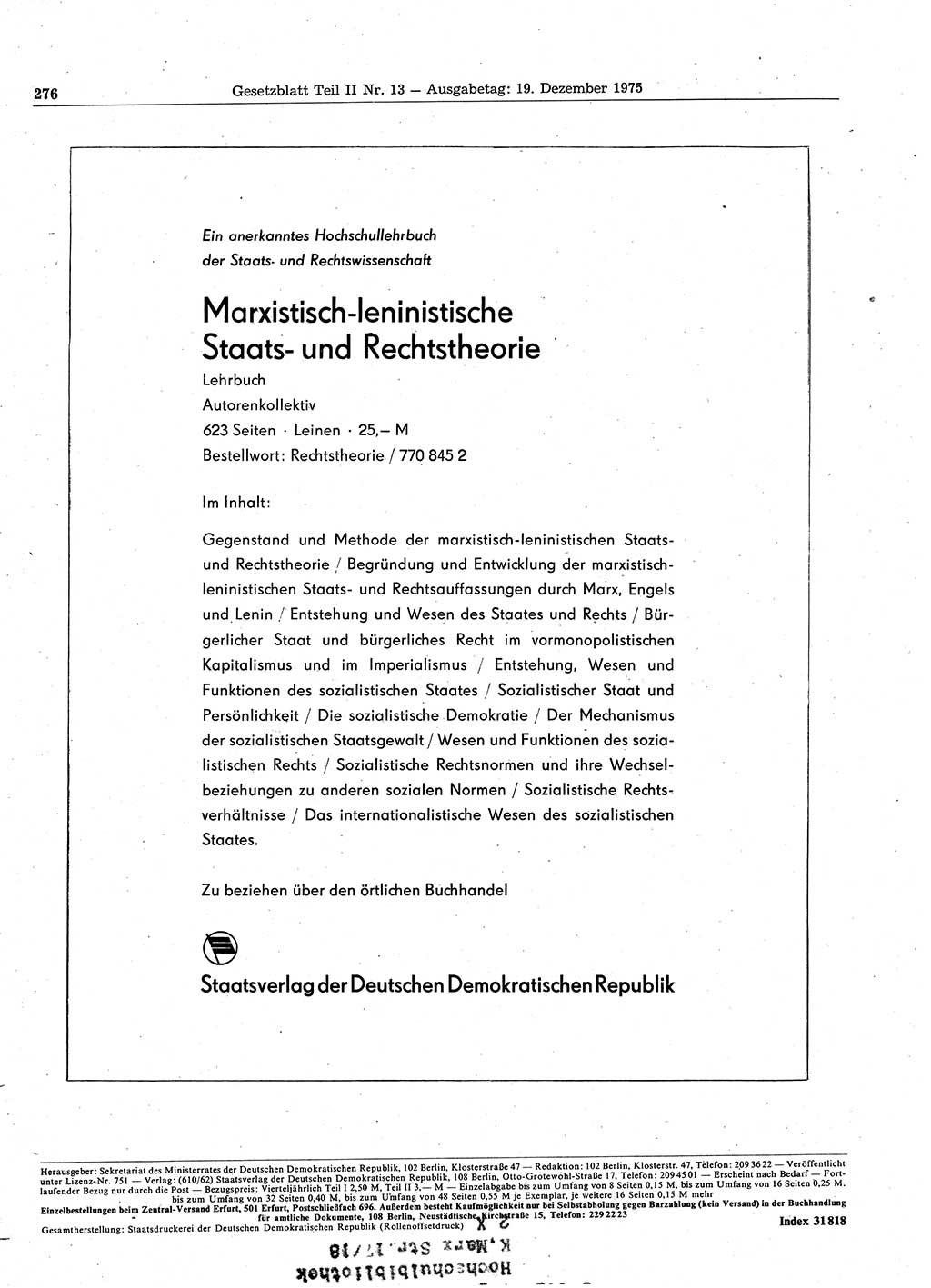 Gesetzblatt (GBl.) der Deutschen Demokratischen Republik (DDR) Teil ⅠⅠ 1975, Seite 276 (GBl. DDR ⅠⅠ 1975, S. 276)