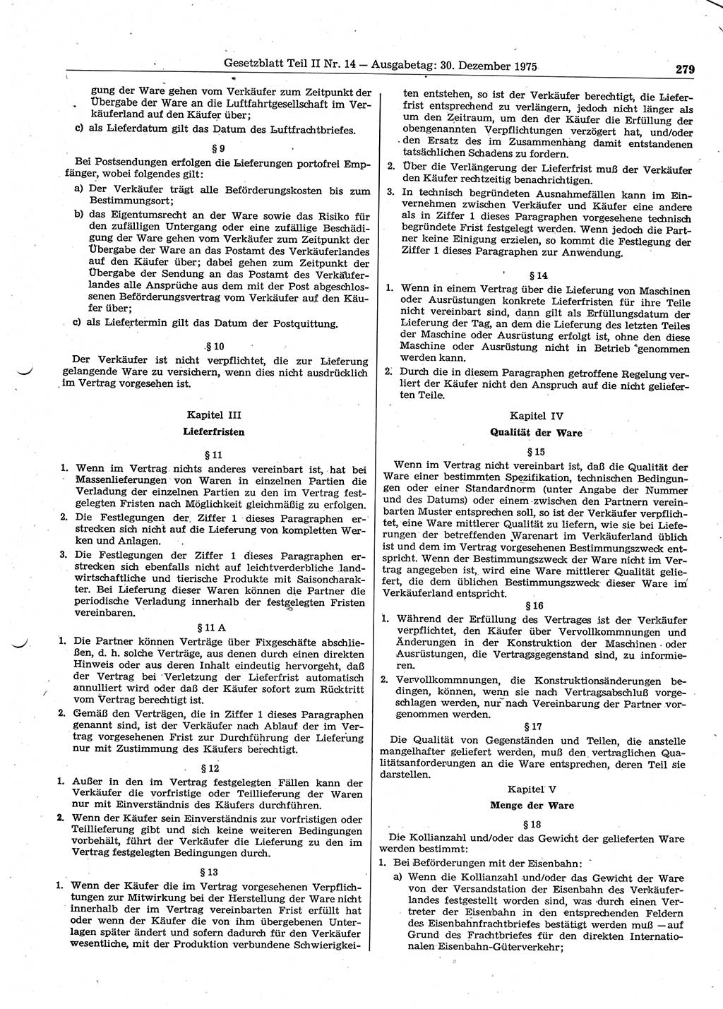 Gesetzblatt (GBl.) der Deutschen Demokratischen Republik (DDR) Teil ⅠⅠ 1975, Seite 279 (GBl. DDR ⅠⅠ 1975, S. 279)
