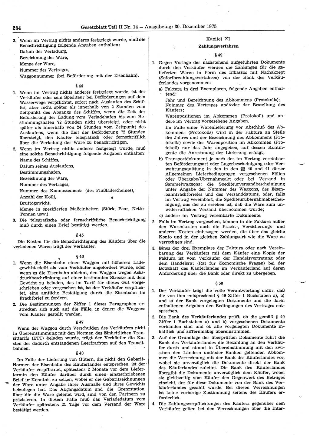 Gesetzblatt (GBl.) der Deutschen Demokratischen Republik (DDR) Teil ⅠⅠ 1975, Seite 284 (GBl. DDR ⅠⅠ 1975, S. 284)