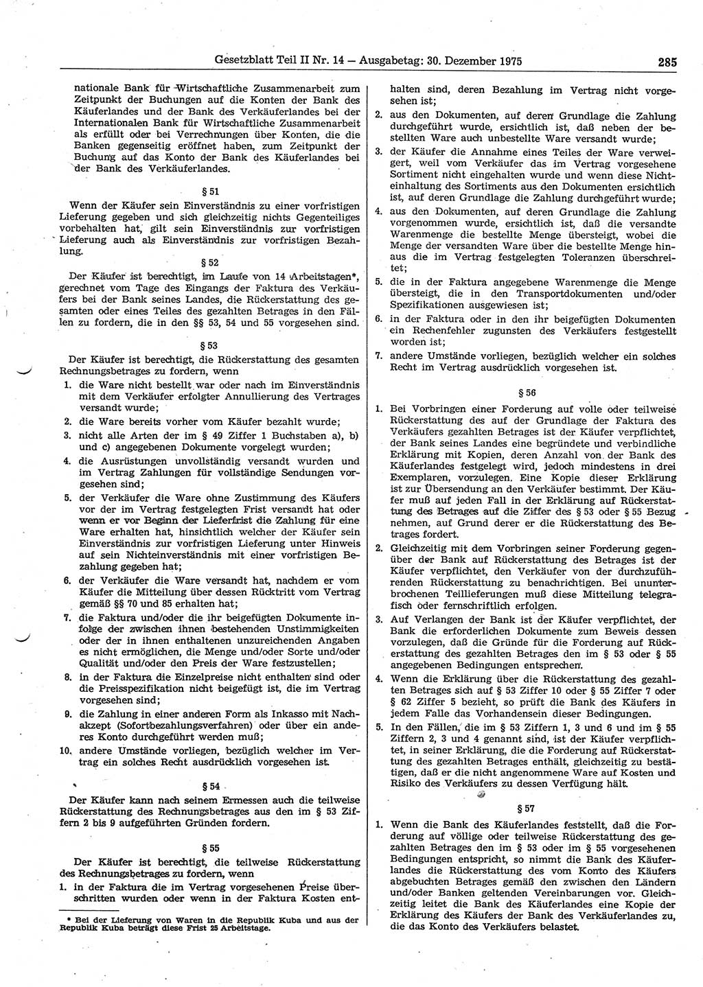 Gesetzblatt (GBl.) der Deutschen Demokratischen Republik (DDR) Teil ⅠⅠ 1975, Seite 285 (GBl. DDR ⅠⅠ 1975, S. 285)