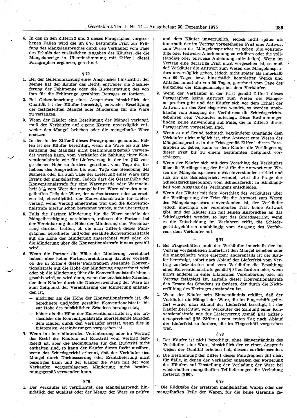 Gesetzblatt (GBl.) der Deutschen Demokratischen Republik (DDR) Teil ⅠⅠ 1975, Seite 289 (GBl. DDR ⅠⅠ 1975, S. 289)