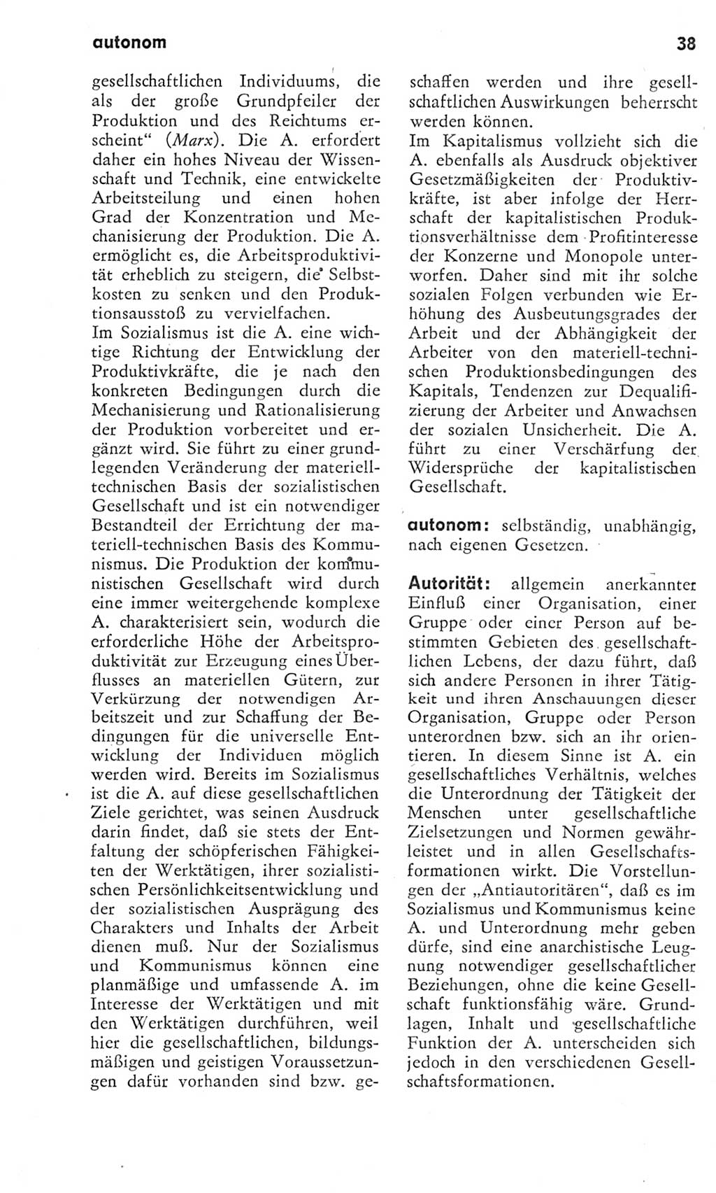 Kleines Wörterbuch der marxistisch-leninistischen Philosophie [Deutsche Demokratische Republik (DDR)] 1975, Seite 38 (Kl. Wb. ML Phil. DDR 1975, S. 38)
