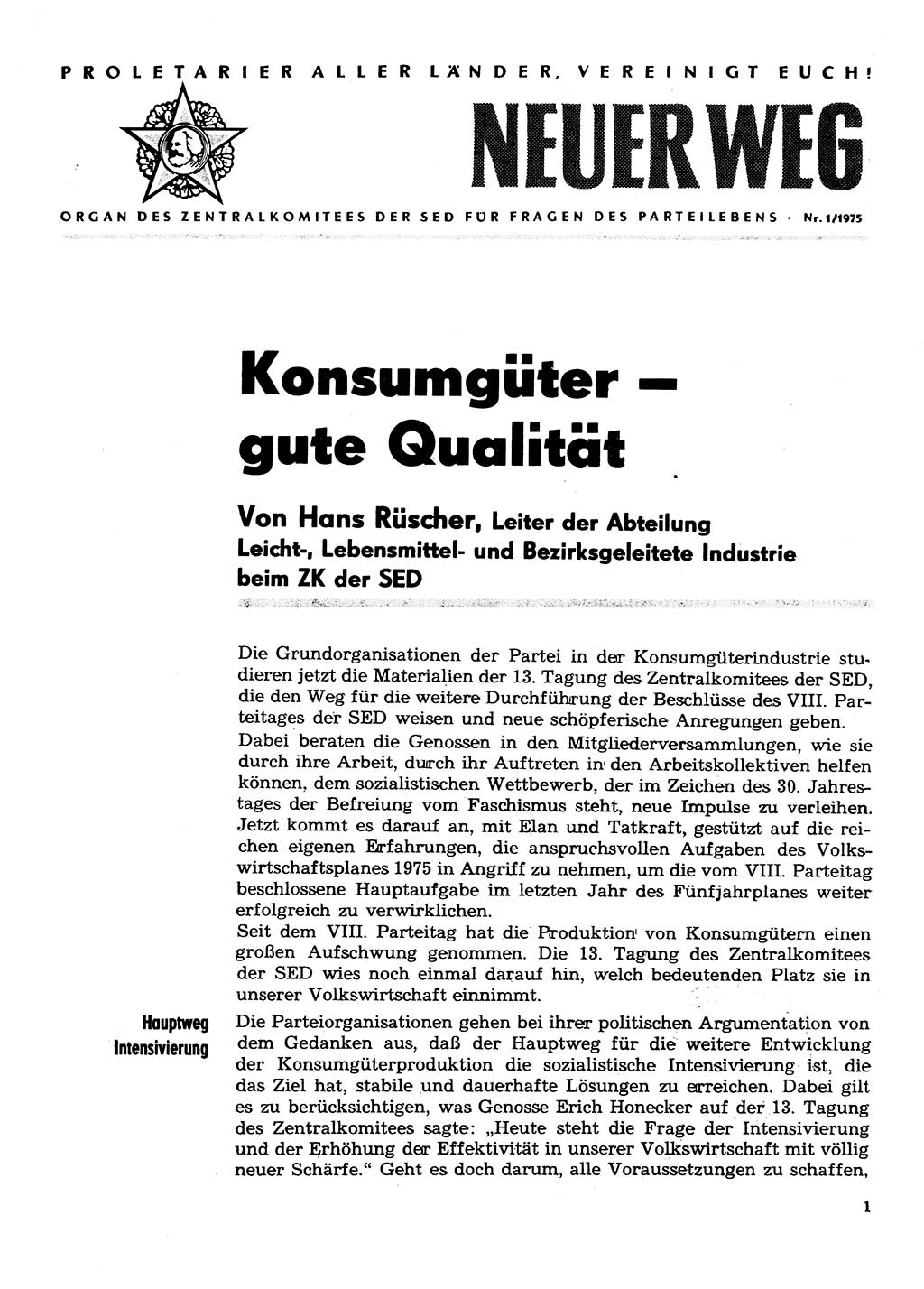 Neuer Weg (NW), Organ des Zentralkomitees (ZK) der SED (Sozialistische Einheitspartei Deutschlands) für Fragen des Parteilebens, 30. Jahrgang [Deutsche Demokratische Republik (DDR)] 1975, Seite 1 (NW ZK SED DDR 1975, S. 1)