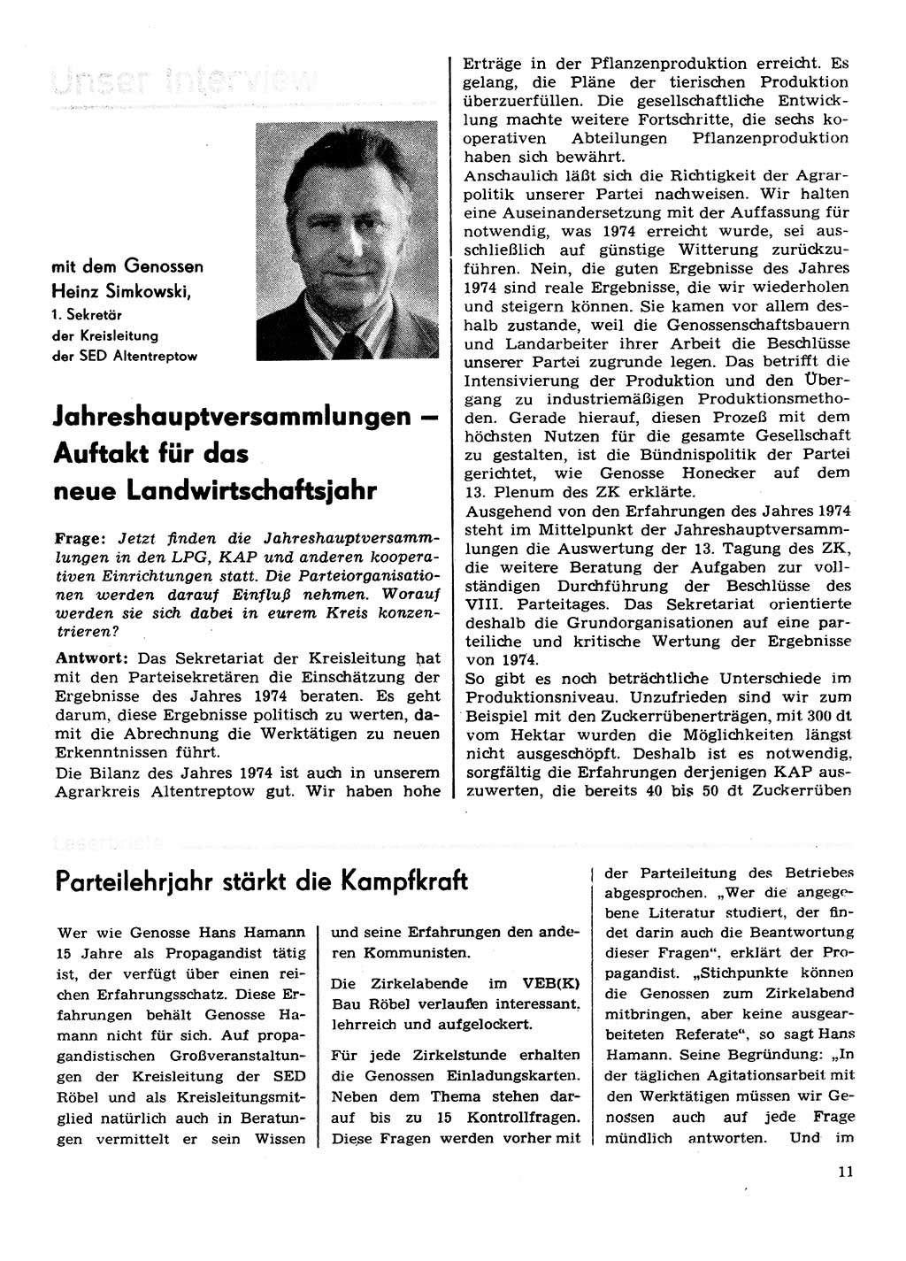 Neuer Weg (NW), Organ des Zentralkomitees (ZK) der SED (Sozialistische Einheitspartei Deutschlands) für Fragen des Parteilebens, 30. Jahrgang [Deutsche Demokratische Republik (DDR)] 1975, Seite 11 (NW ZK SED DDR 1975, S. 11)