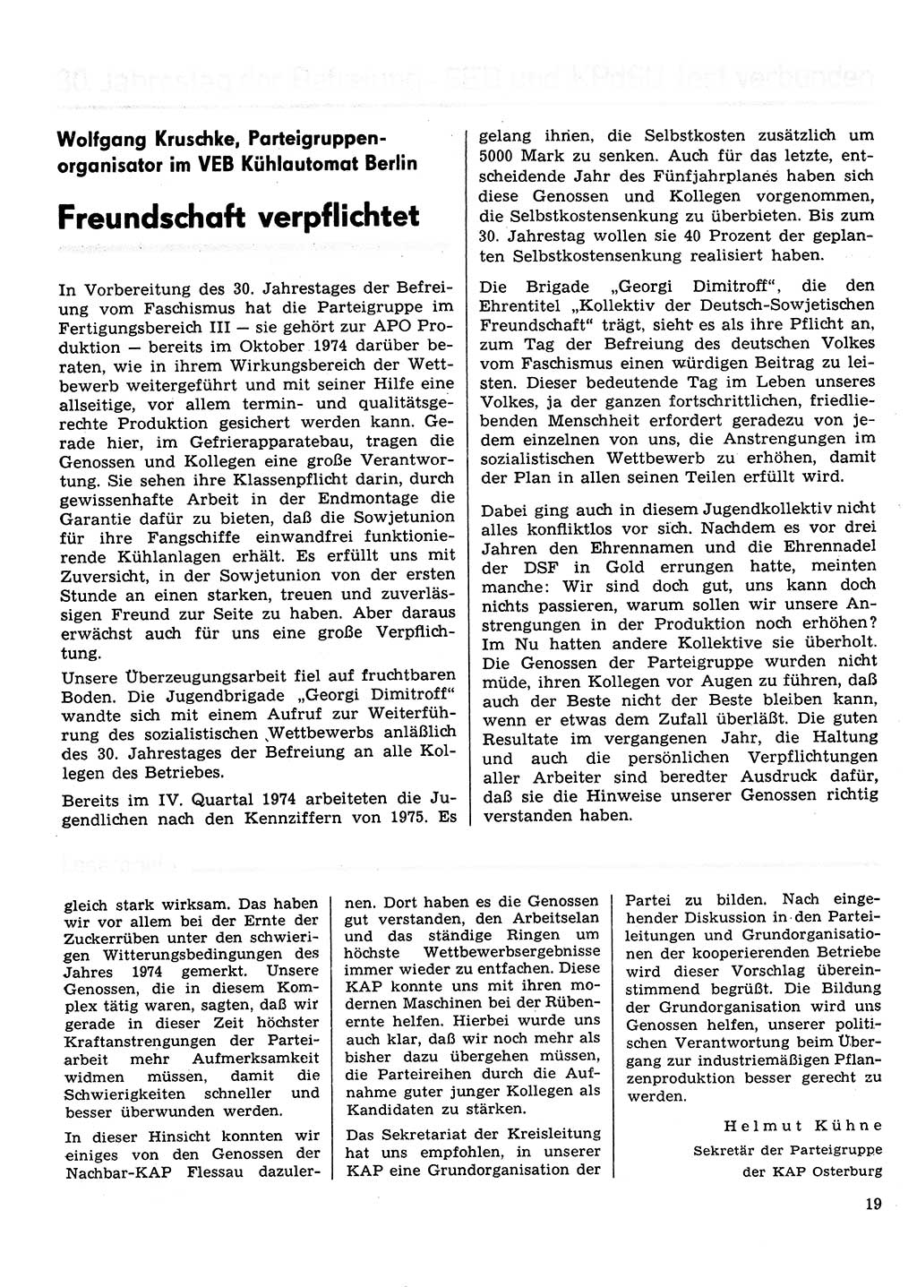 Neuer Weg (NW), Organ des Zentralkomitees (ZK) der SED (Sozialistische Einheitspartei Deutschlands) für Fragen des Parteilebens, 30. Jahrgang [Deutsche Demokratische Republik (DDR)] 1975, Seite 19 (NW ZK SED DDR 1975, S. 19)