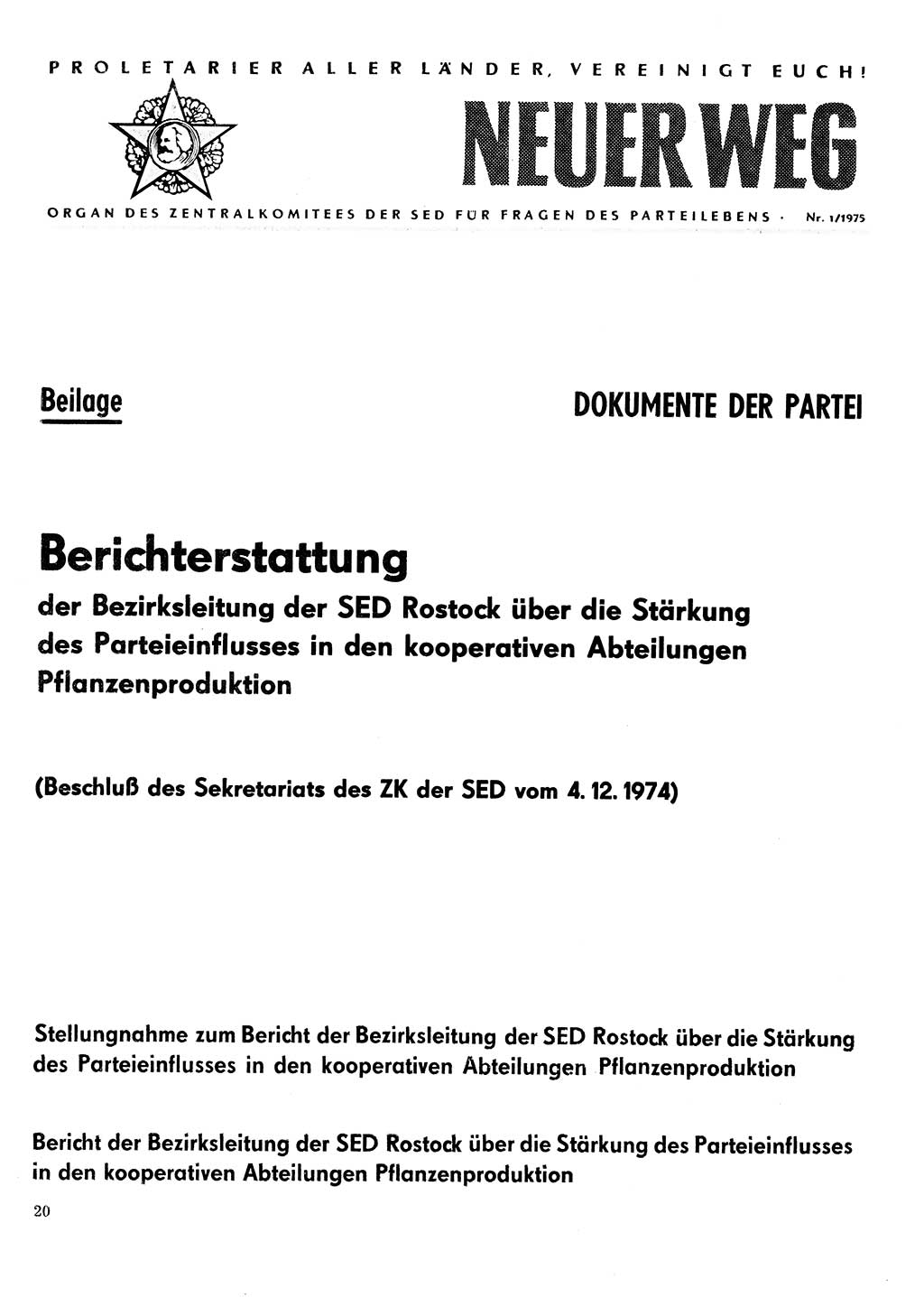 Neuer Weg (NW), Organ des Zentralkomitees (ZK) der SED (Sozialistische Einheitspartei Deutschlands) für Fragen des Parteilebens, 30. Jahrgang [Deutsche Demokratische Republik (DDR)] 1975, Seite 20 (NW ZK SED DDR 1975, S. 20)