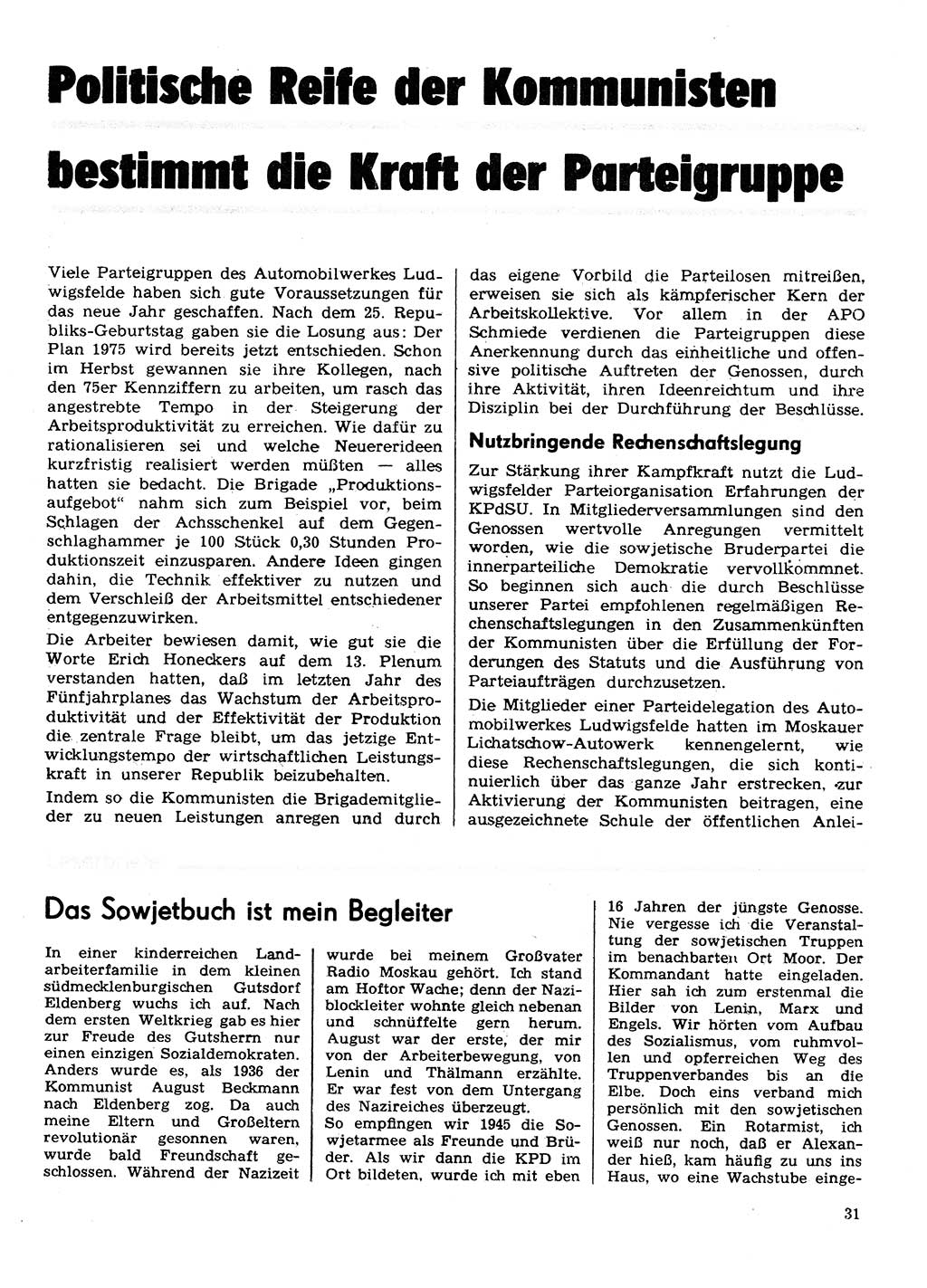 Neuer Weg (NW), Organ des Zentralkomitees (ZK) der SED (Sozialistische Einheitspartei Deutschlands) für Fragen des Parteilebens, 30. Jahrgang [Deutsche Demokratische Republik (DDR)] 1975, Seite 31 (NW ZK SED DDR 1975, S. 31)