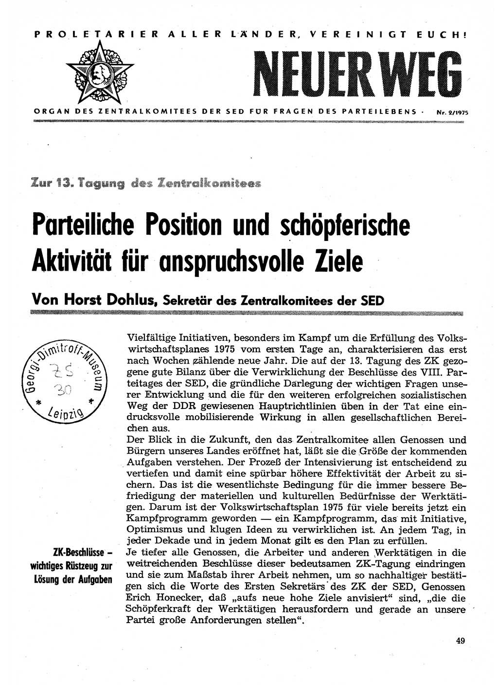 Neuer Weg (NW), Organ des Zentralkomitees (ZK) der SED (Sozialistische Einheitspartei Deutschlands) für Fragen des Parteilebens, 30. Jahrgang [Deutsche Demokratische Republik (DDR)] 1975, Seite 49 (NW ZK SED DDR 1975, S. 49)