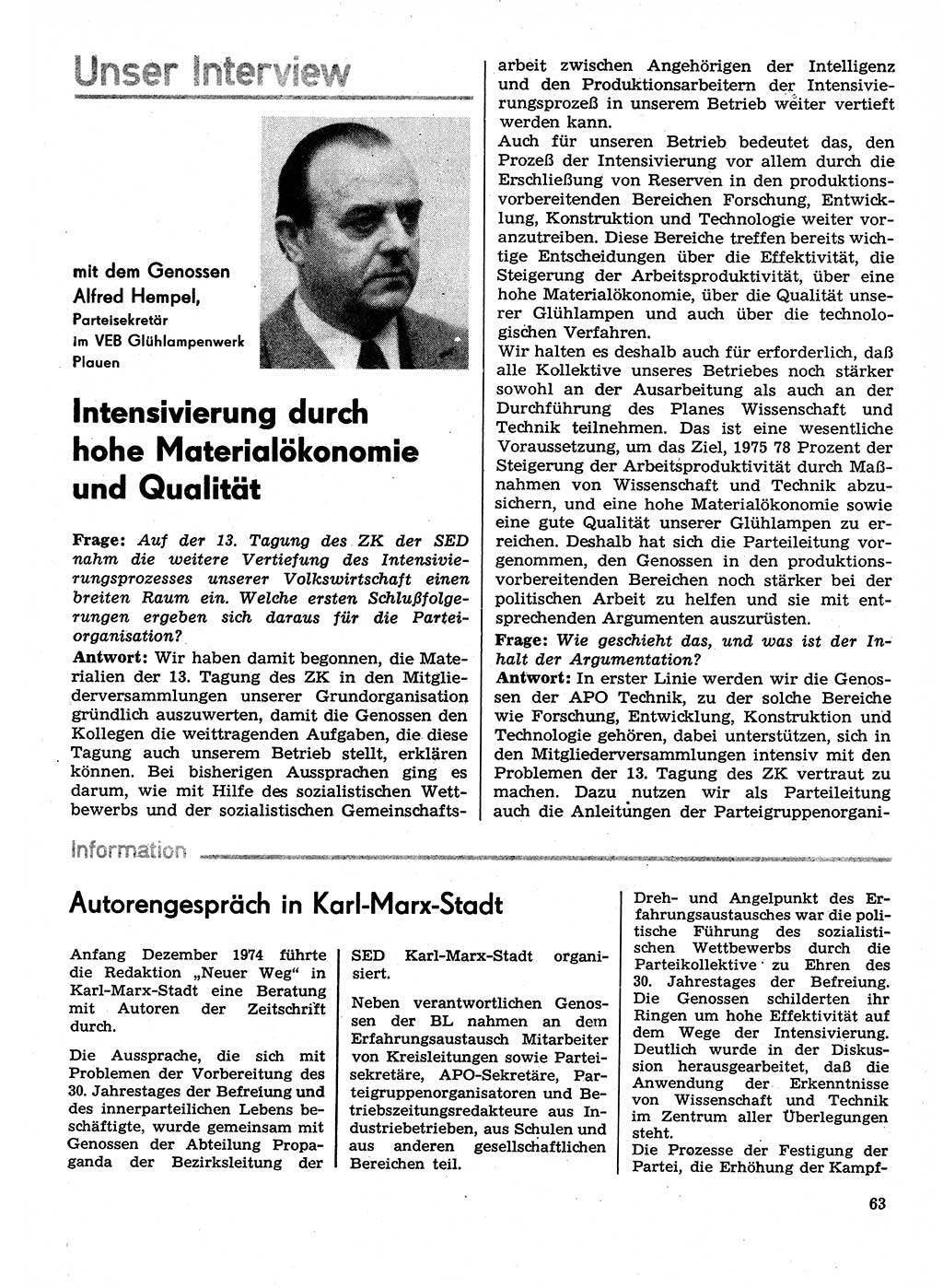 Neuer Weg (NW), Organ des Zentralkomitees (ZK) der SED (Sozialistische Einheitspartei Deutschlands) für Fragen des Parteilebens, 30. Jahrgang [Deutsche Demokratische Republik (DDR)] 1975, Seite 63 (NW ZK SED DDR 1975, S. 63)