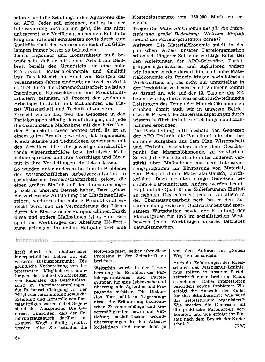 Neuer Weg (NW), Organ des Zentralkomitees (ZK) der SED (Sozialistische Einheitspartei Deutschlands) für Fragen des Parteilebens, 30. Jahrgang [Deutsche Demokratische Republik (DDR)] 1975, Seite 64 (NW ZK SED DDR 1975, S. 64)