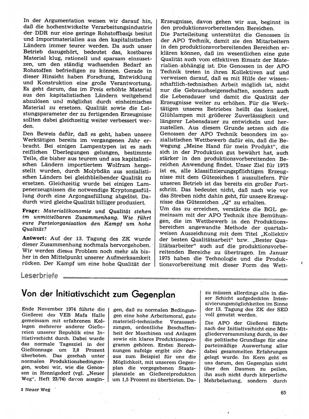 Neuer Weg (NW), Organ des Zentralkomitees (ZK) der SED (Sozialistische Einheitspartei Deutschlands) für Fragen des Parteilebens, 30. Jahrgang [Deutsche Demokratische Republik (DDR)] 1975, Seite 65 (NW ZK SED DDR 1975, S. 65)