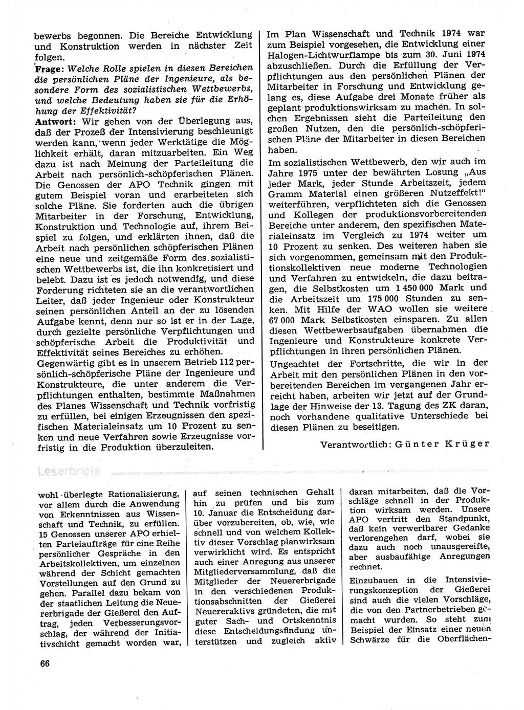 Neuer Weg (NW), Organ des Zentralkomitees (ZK) der SED (Sozialistische Einheitspartei Deutschlands) für Fragen des Parteilebens, 30. Jahrgang [Deutsche Demokratische Republik (DDR)] 1975, Seite 66 (NW ZK SED DDR 1975, S. 66)