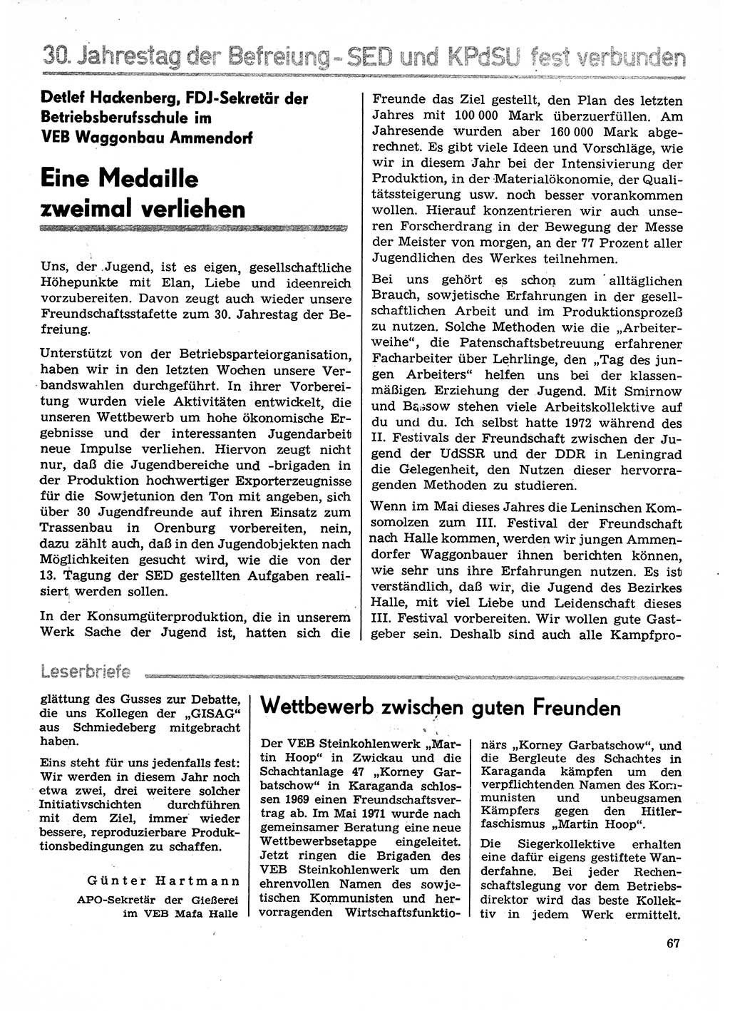 Neuer Weg (NW), Organ des Zentralkomitees (ZK) der SED (Sozialistische Einheitspartei Deutschlands) für Fragen des Parteilebens, 30. Jahrgang [Deutsche Demokratische Republik (DDR)] 1975, Seite 67 (NW ZK SED DDR 1975, S. 67)