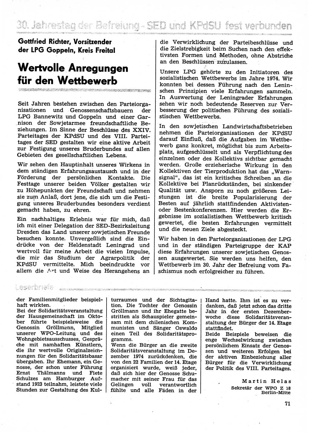 Neuer Weg (NW), Organ des Zentralkomitees (ZK) der SED (Sozialistische Einheitspartei Deutschlands) für Fragen des Parteilebens, 30. Jahrgang [Deutsche Demokratische Republik (DDR)] 1975, Seite 71 (NW ZK SED DDR 1975, S. 71)