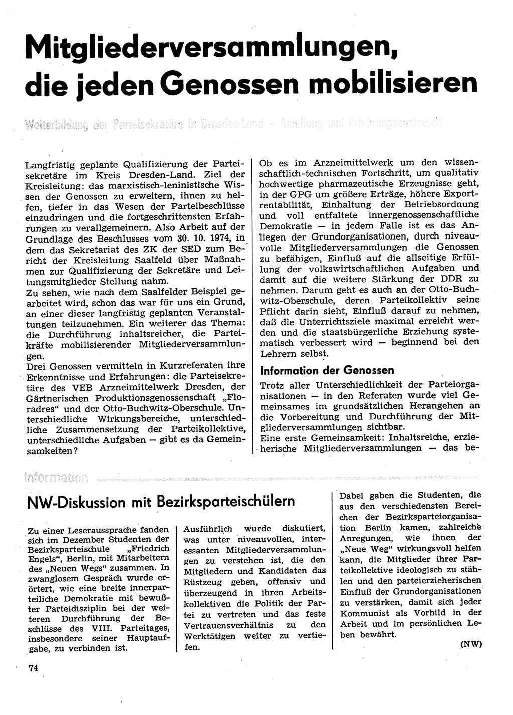 Neuer Weg (NW), Organ des Zentralkomitees (ZK) der SED (Sozialistische Einheitspartei Deutschlands) für Fragen des Parteilebens, 30. Jahrgang [Deutsche Demokratische Republik (DDR)] 1975, Seite 74 (NW ZK SED DDR 1975, S. 74)