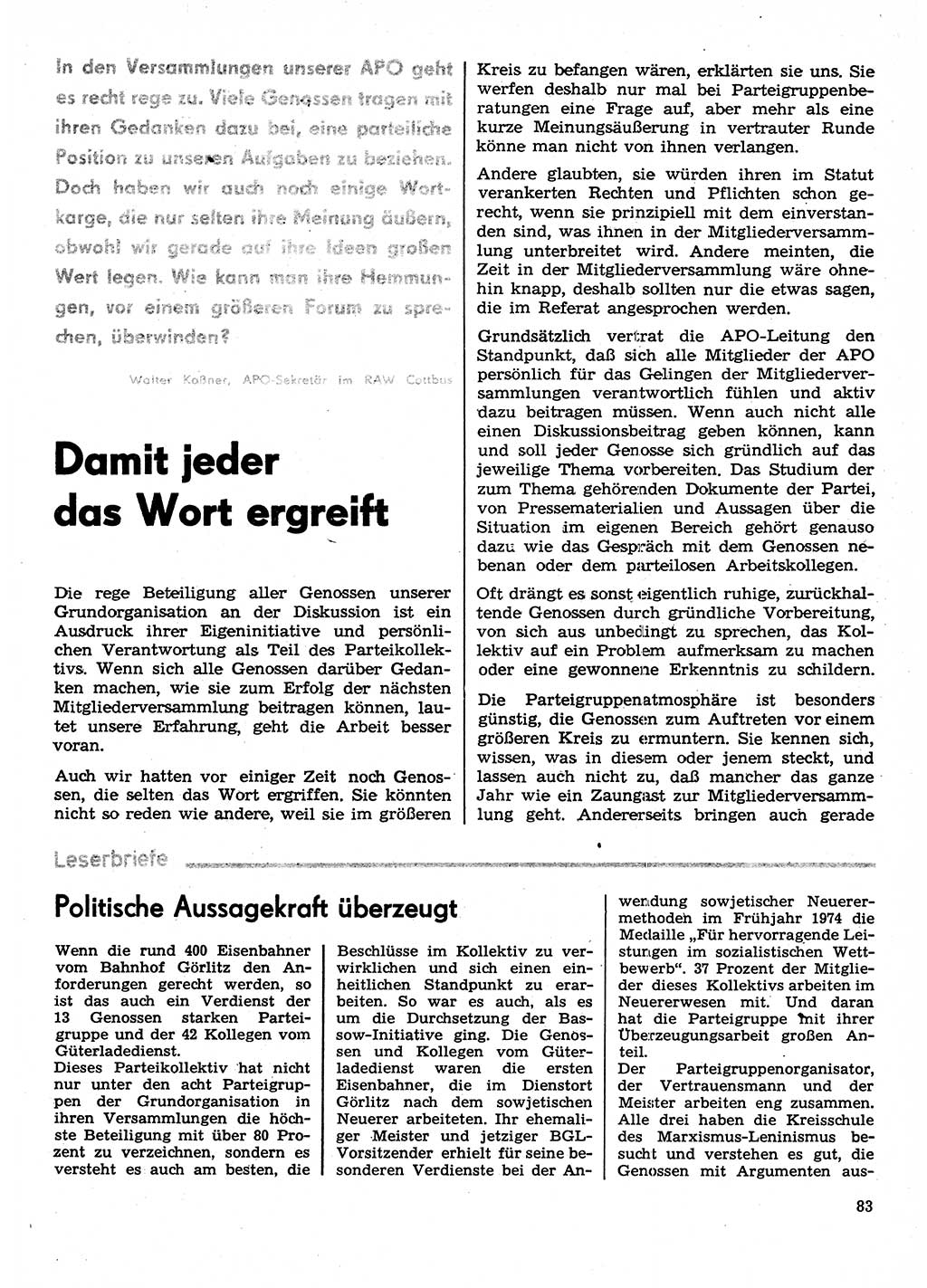 Neuer Weg (NW), Organ des Zentralkomitees (ZK) der SED (Sozialistische Einheitspartei Deutschlands) für Fragen des Parteilebens, 30. Jahrgang [Deutsche Demokratische Republik (DDR)] 1975, Seite 83 (NW ZK SED DDR 1975, S. 83)