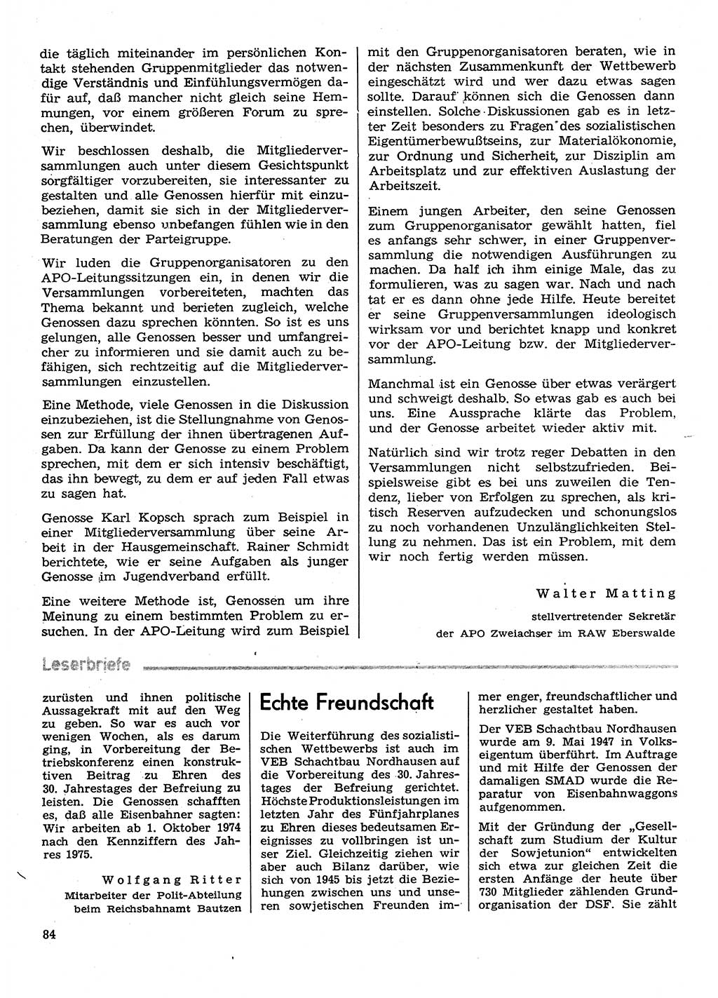 Neuer Weg (NW), Organ des Zentralkomitees (ZK) der SED (Sozialistische Einheitspartei Deutschlands) für Fragen des Parteilebens, 30. Jahrgang [Deutsche Demokratische Republik (DDR)] 1975, Seite 84 (NW ZK SED DDR 1975, S. 84)