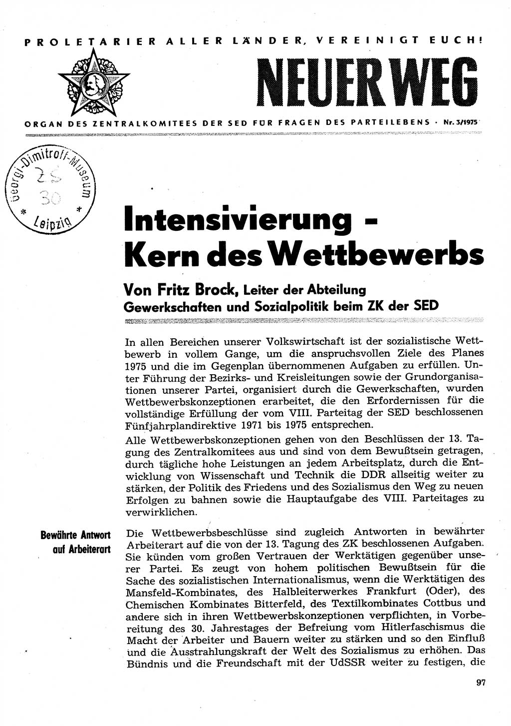 Neuer Weg (NW), Organ des Zentralkomitees (ZK) der SED (Sozialistische Einheitspartei Deutschlands) für Fragen des Parteilebens, 30. Jahrgang [Deutsche Demokratische Republik (DDR)] 1975, Seite 97 (NW ZK SED DDR 1975, S. 97)