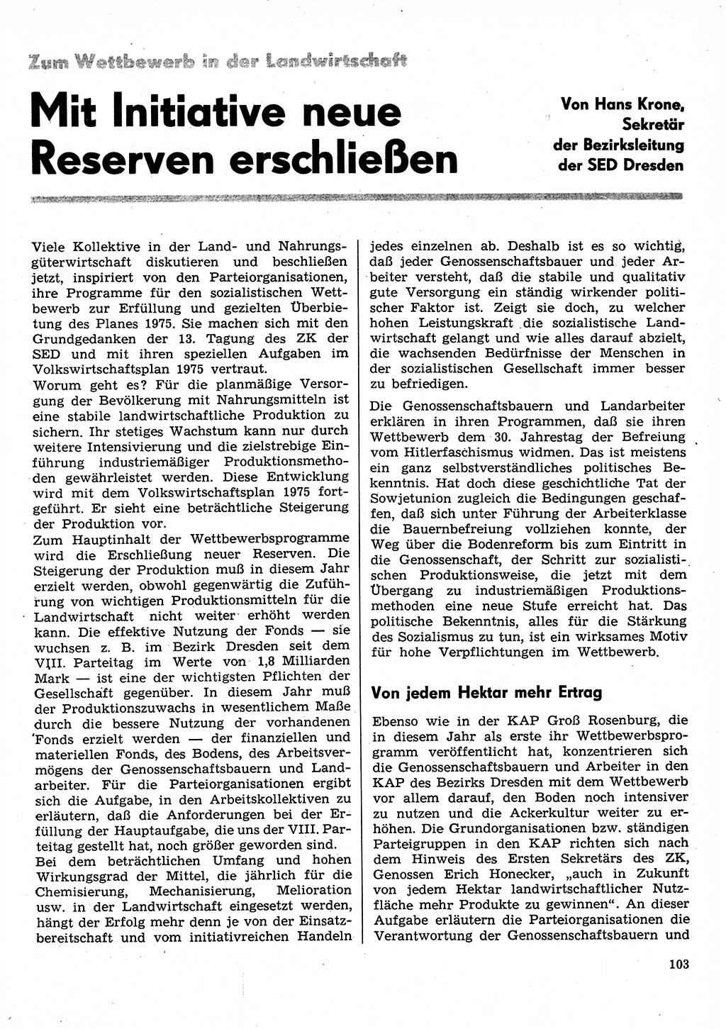 Neuer Weg (NW), Organ des Zentralkomitees (ZK) der SED (Sozialistische Einheitspartei Deutschlands) für Fragen des Parteilebens, 30. Jahrgang [Deutsche Demokratische Republik (DDR)] 1975, Seite 103 (NW ZK SED DDR 1975, S. 103)