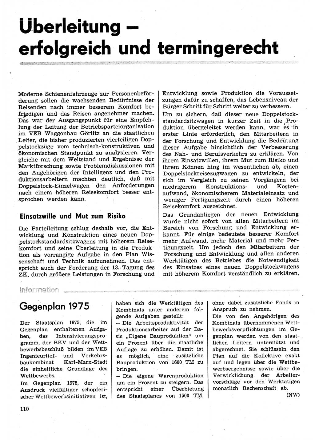 Neuer Weg (NW), Organ des Zentralkomitees (ZK) der SED (Sozialistische Einheitspartei Deutschlands) für Fragen des Parteilebens, 30. Jahrgang [Deutsche Demokratische Republik (DDR)] 1975, Seite 110 (NW ZK SED DDR 1975, S. 110)