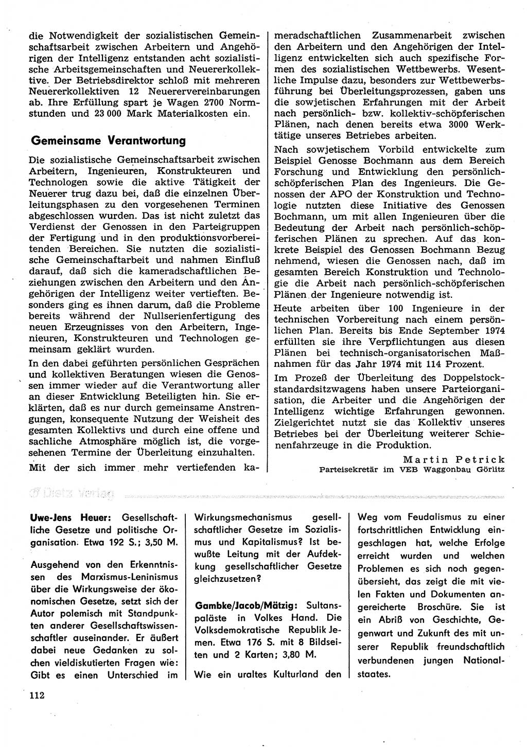 Neuer Weg (NW), Organ des Zentralkomitees (ZK) der SED (Sozialistische Einheitspartei Deutschlands) für Fragen des Parteilebens, 30. Jahrgang [Deutsche Demokratische Republik (DDR)] 1975, Seite 112 (NW ZK SED DDR 1975, S. 112)