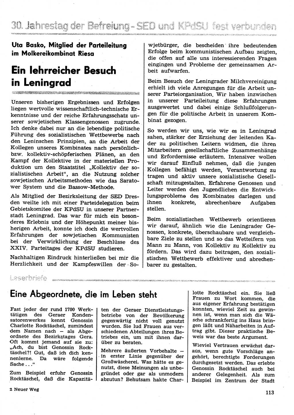 Neuer Weg (NW), Organ des Zentralkomitees (ZK) der SED (Sozialistische Einheitspartei Deutschlands) für Fragen des Parteilebens, 30. Jahrgang [Deutsche Demokratische Republik (DDR)] 1975, Seite 113 (NW ZK SED DDR 1975, S. 113)