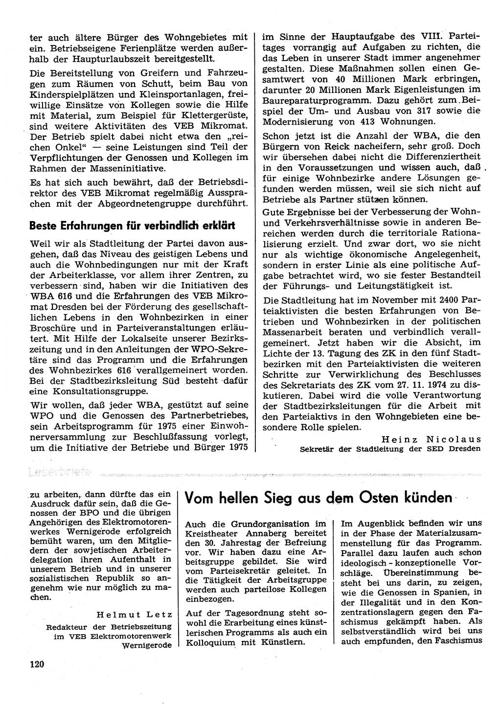 Neuer Weg (NW), Organ des Zentralkomitees (ZK) der SED (Sozialistische Einheitspartei Deutschlands) für Fragen des Parteilebens, 30. Jahrgang [Deutsche Demokratische Republik (DDR)] 1975, Seite 120 (NW ZK SED DDR 1975, S. 120)