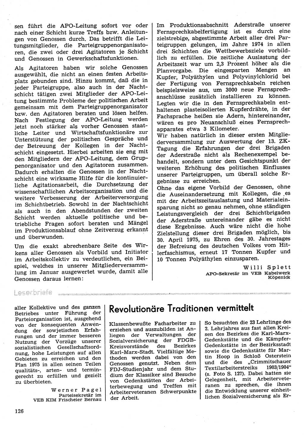Neuer Weg (NW), Organ des Zentralkomitees (ZK) der SED (Sozialistische Einheitspartei Deutschlands) für Fragen des Parteilebens, 30. Jahrgang [Deutsche Demokratische Republik (DDR)] 1975, Seite 126 (NW ZK SED DDR 1975, S. 126)