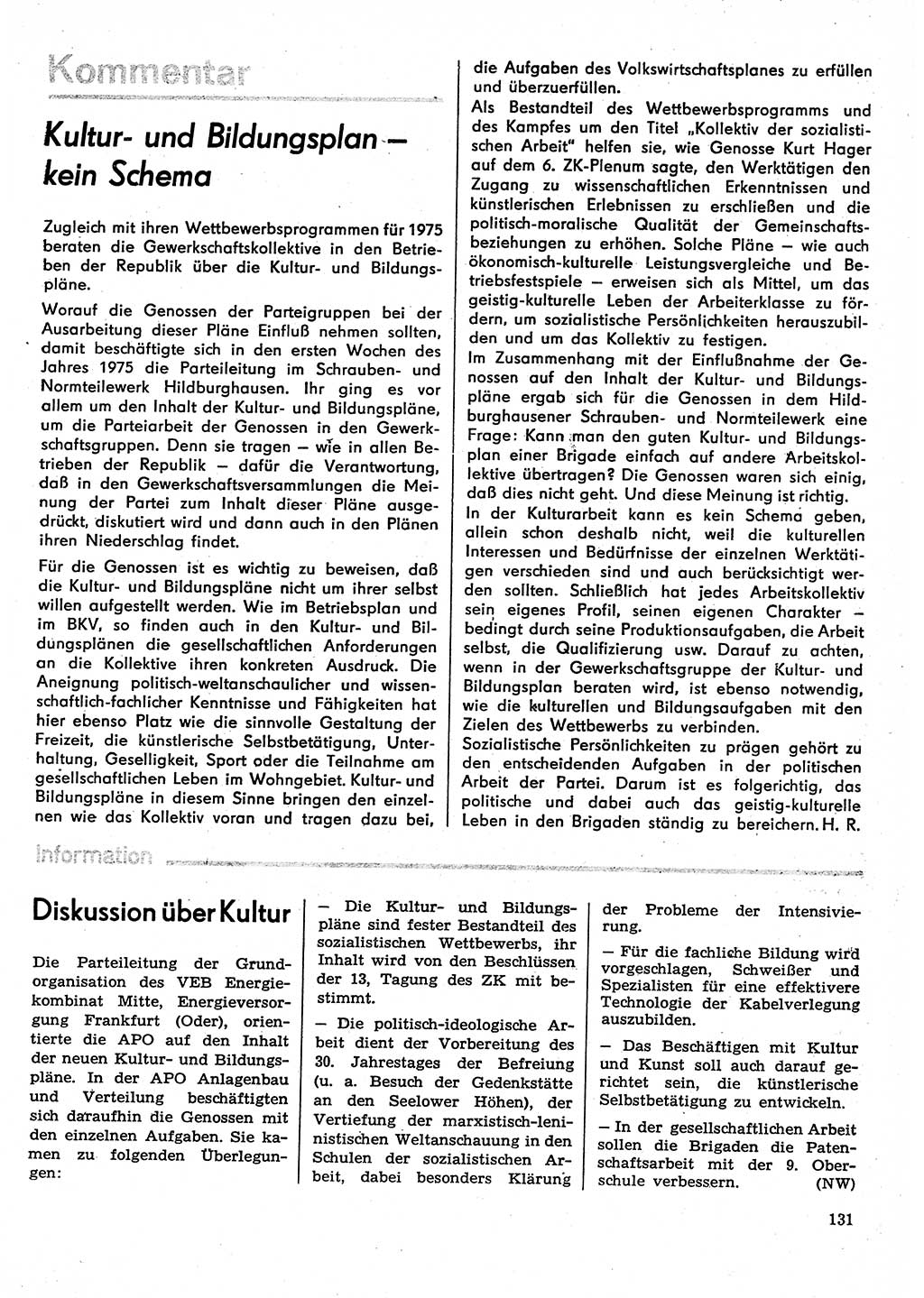 Neuer Weg (NW), Organ des Zentralkomitees (ZK) der SED (Sozialistische Einheitspartei Deutschlands) für Fragen des Parteilebens, 30. Jahrgang [Deutsche Demokratische Republik (DDR)] 1975, Seite 131 (NW ZK SED DDR 1975, S. 131)