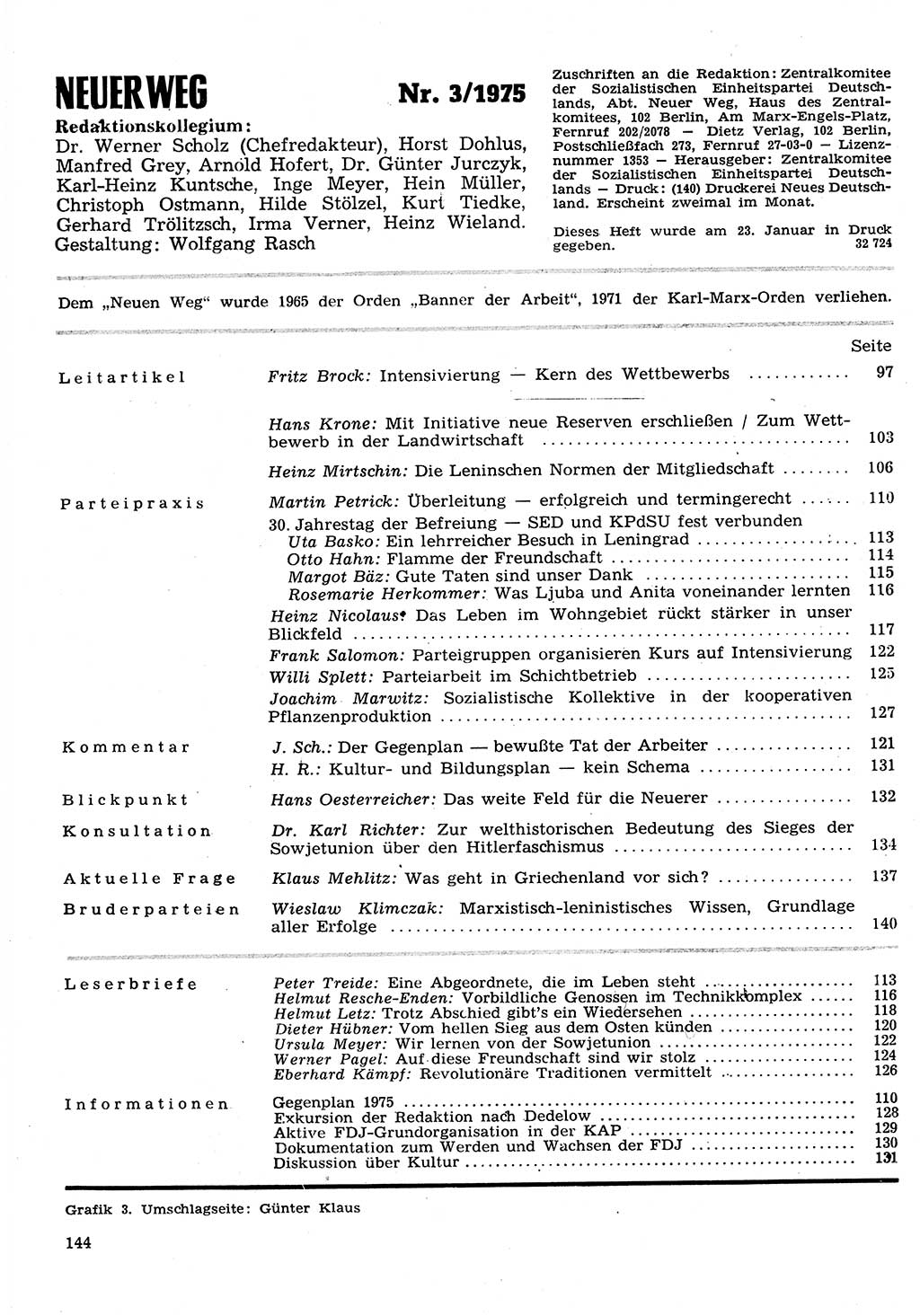 Neuer Weg (NW), Organ des Zentralkomitees (ZK) der SED (Sozialistische Einheitspartei Deutschlands) für Fragen des Parteilebens, 30. Jahrgang [Deutsche Demokratische Republik (DDR)] 1975, Seite 144 (NW ZK SED DDR 1975, S. 144)