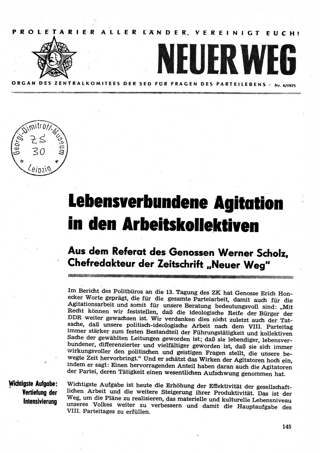 Neuer Weg (NW), Organ des Zentralkomitees (ZK) der SED (Sozialistische Einheitspartei Deutschlands) für Fragen des Parteilebens, 30. Jahrgang [Deutsche Demokratische Republik (DDR)] 1975, Seite 145 (NW ZK SED DDR 1975, S. 145)
