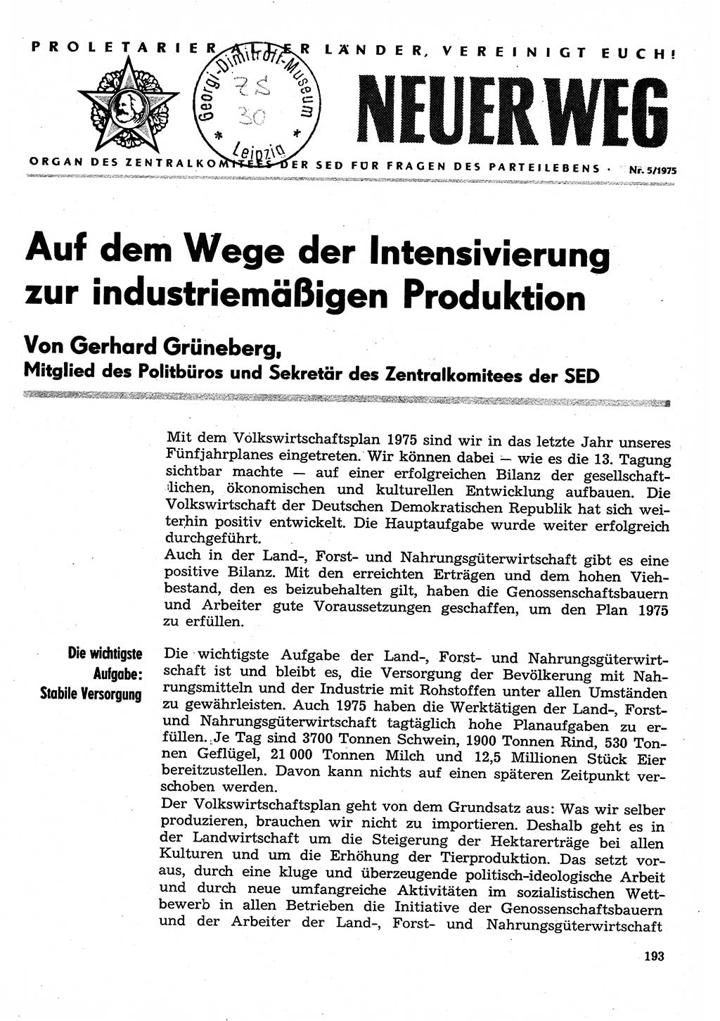 Neuer Weg (NW), Organ des Zentralkomitees (ZK) der SED (Sozialistische Einheitspartei Deutschlands) für Fragen des Parteilebens, 30. Jahrgang [Deutsche Demokratische Republik (DDR)] 1975, Seite 193 (NW ZK SED DDR 1975, S. 193)