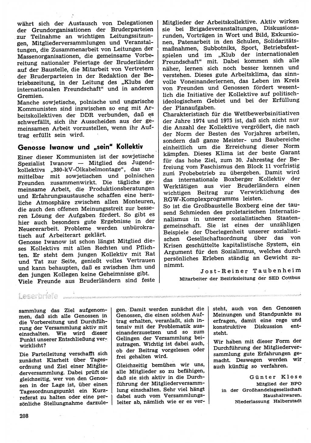Neuer Weg (NW), Organ des Zentralkomitees (ZK) der SED (Sozialistische Einheitspartei Deutschlands) für Fragen des Parteilebens, 30. Jahrgang [Deutsche Demokratische Republik (DDR)] 1975, Seite 208 (NW ZK SED DDR 1975, S. 208)