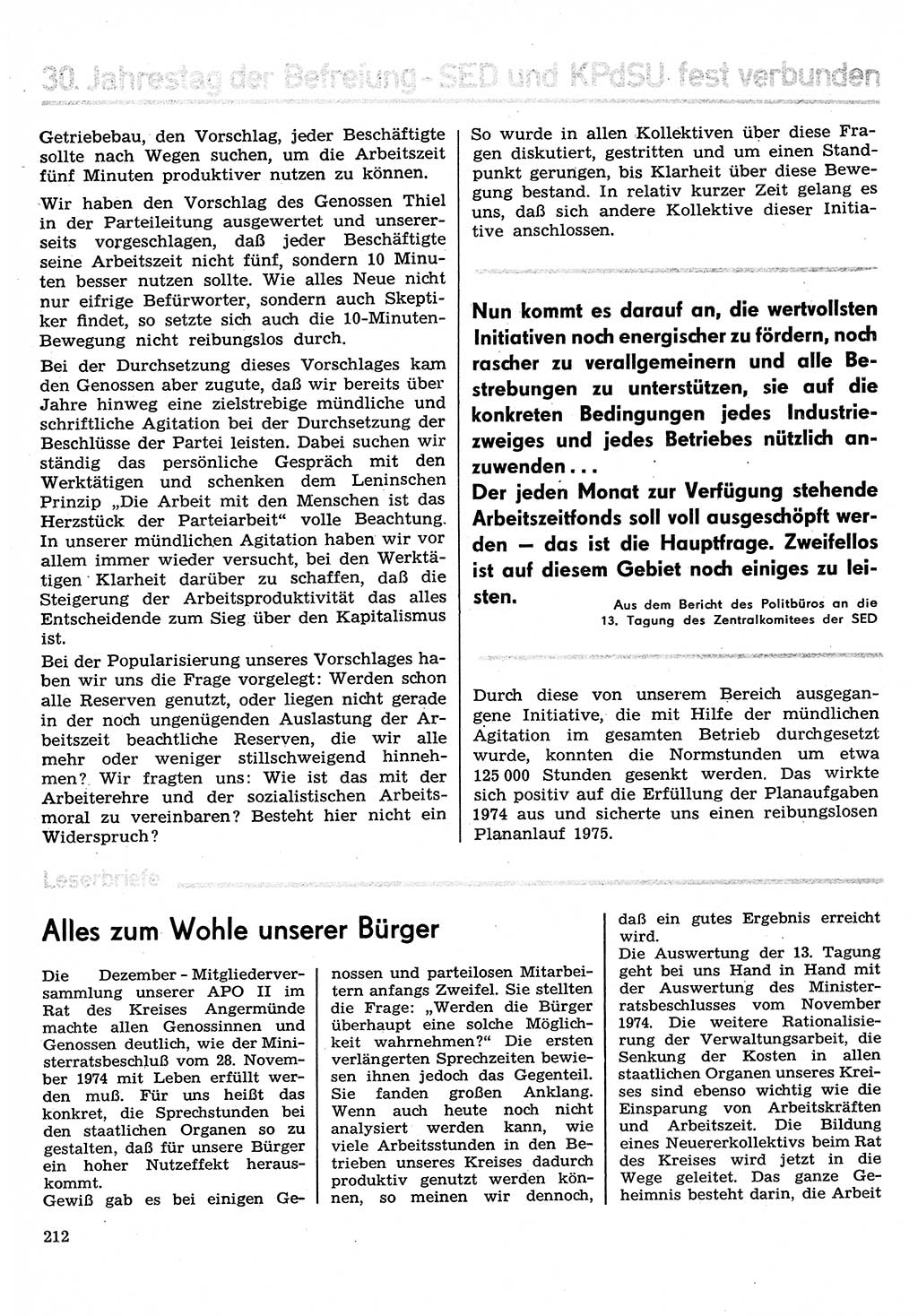 Neuer Weg (NW), Organ des Zentralkomitees (ZK) der SED (Sozialistische Einheitspartei Deutschlands) für Fragen des Parteilebens, 30. Jahrgang [Deutsche Demokratische Republik (DDR)] 1975, Seite 212 (NW ZK SED DDR 1975, S. 212)