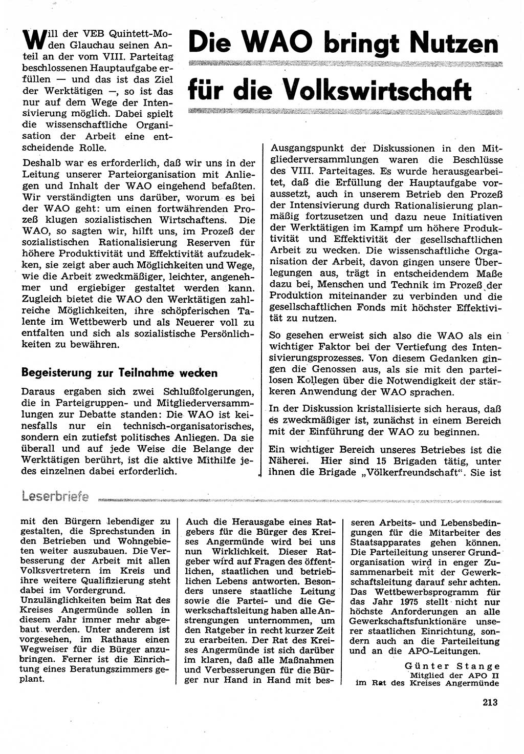 Neuer Weg (NW), Organ des Zentralkomitees (ZK) der SED (Sozialistische Einheitspartei Deutschlands) für Fragen des Parteilebens, 30. Jahrgang [Deutsche Demokratische Republik (DDR)] 1975, Seite 213 (NW ZK SED DDR 1975, S. 213)