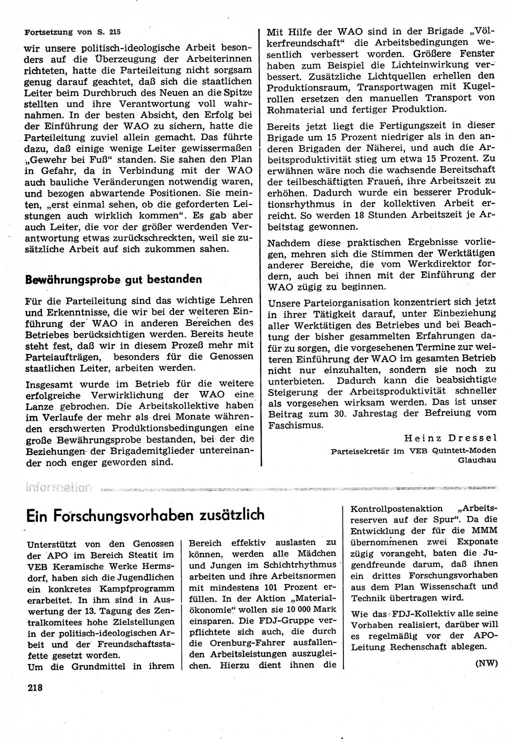 Neuer Weg (NW), Organ des Zentralkomitees (ZK) der SED (Sozialistische Einheitspartei Deutschlands) für Fragen des Parteilebens, 30. Jahrgang [Deutsche Demokratische Republik (DDR)] 1975, Seite 218 (NW ZK SED DDR 1975, S. 218)
