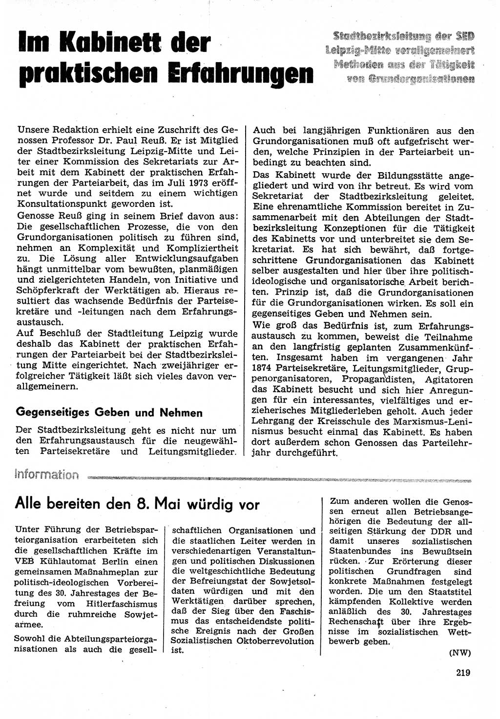 Neuer Weg (NW), Organ des Zentralkomitees (ZK) der SED (Sozialistische Einheitspartei Deutschlands) für Fragen des Parteilebens, 30. Jahrgang [Deutsche Demokratische Republik (DDR)] 1975, Seite 219 (NW ZK SED DDR 1975, S. 219)