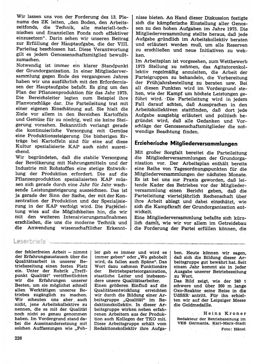 Neuer Weg (NW), Organ des Zentralkomitees (ZK) der SED (Sozialistische Einheitspartei Deutschlands) für Fragen des Parteilebens, 30. Jahrgang [Deutsche Demokratische Republik (DDR)] 1975, Seite 226 (NW ZK SED DDR 1975, S. 226)