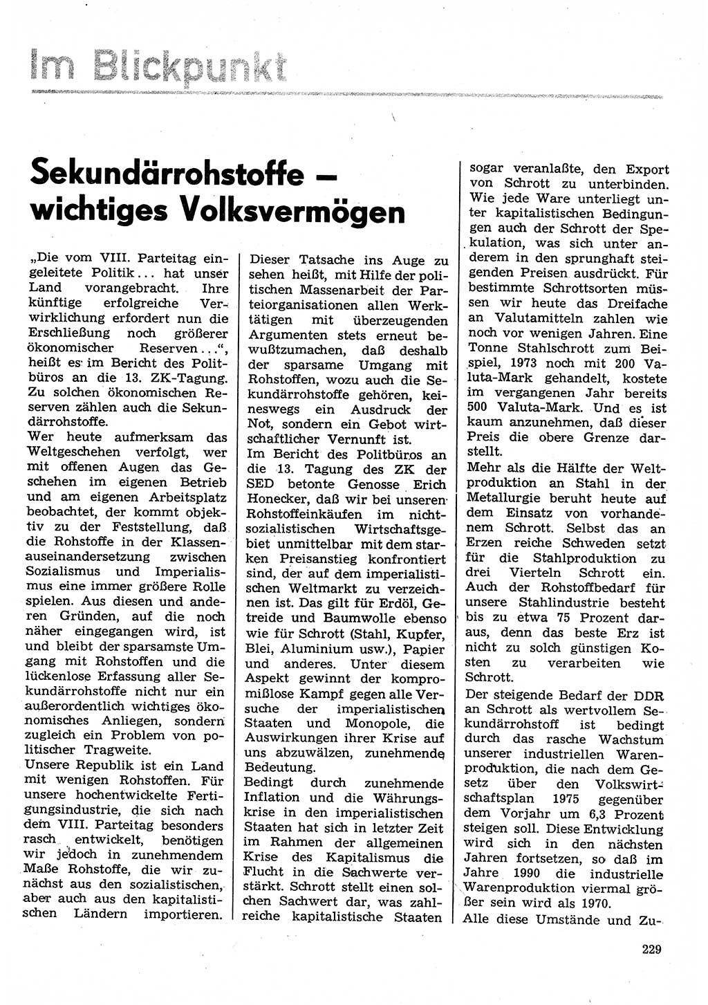 Neuer Weg (NW), Organ des Zentralkomitees (ZK) der SED (Sozialistische Einheitspartei Deutschlands) für Fragen des Parteilebens, 30. Jahrgang [Deutsche Demokratische Republik (DDR)] 1975, Seite 229 (NW ZK SED DDR 1975, S. 229)