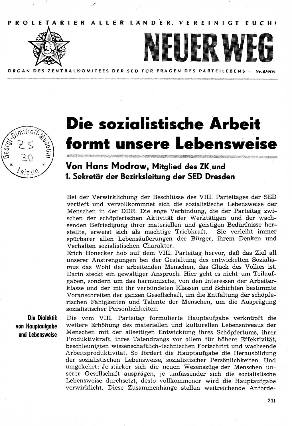 Neuer Weg (NW), Organ des Zentralkomitees (ZK) der SED (Sozialistische Einheitspartei Deutschlands) für Fragen des Parteilebens, 30. Jahrgang [Deutsche Demokratische Republik (DDR)] 1975, Seite 241 (NW ZK SED DDR 1975, S. 241)