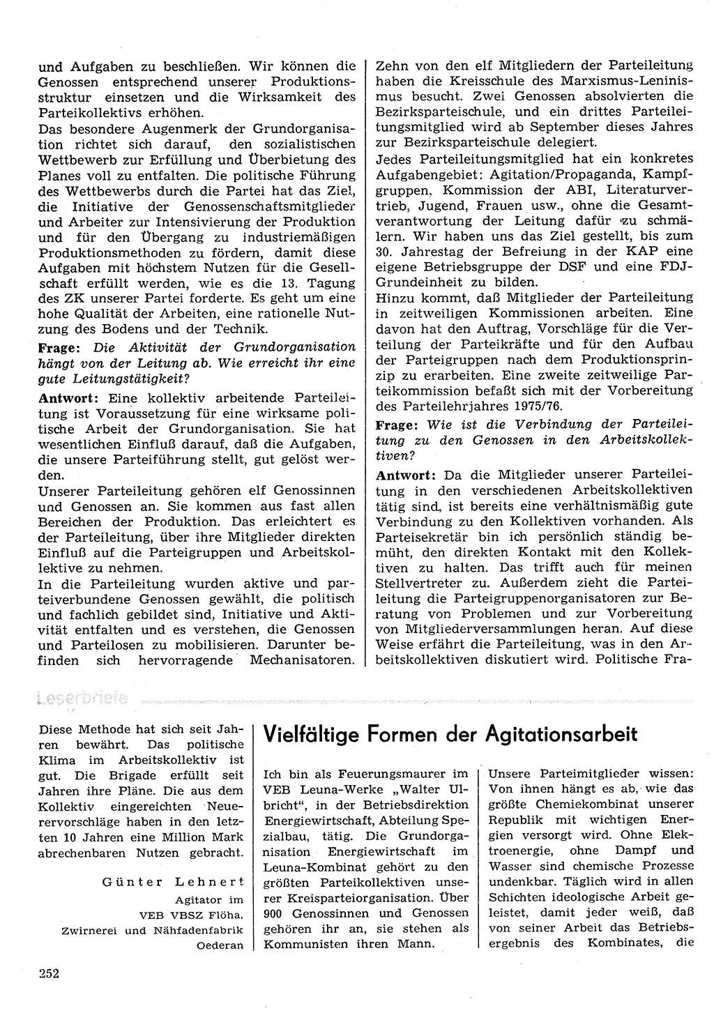 Neuer Weg (NW), Organ des Zentralkomitees (ZK) der SED (Sozialistische Einheitspartei Deutschlands) für Fragen des Parteilebens, 30. Jahrgang [Deutsche Demokratische Republik (DDR)] 1975, Seite 252 (NW ZK SED DDR 1975, S. 252)