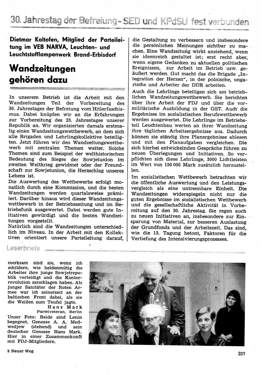 Neuer Weg (NW), Organ des Zentralkomitees (ZK) der SED (Sozialistische Einheitspartei Deutschlands) für Fragen des Parteilebens, 30. Jahrgang [Deutsche Demokratische Republik (DDR)] 1975, Seite 257 (NW ZK SED DDR 1975, S. 257)