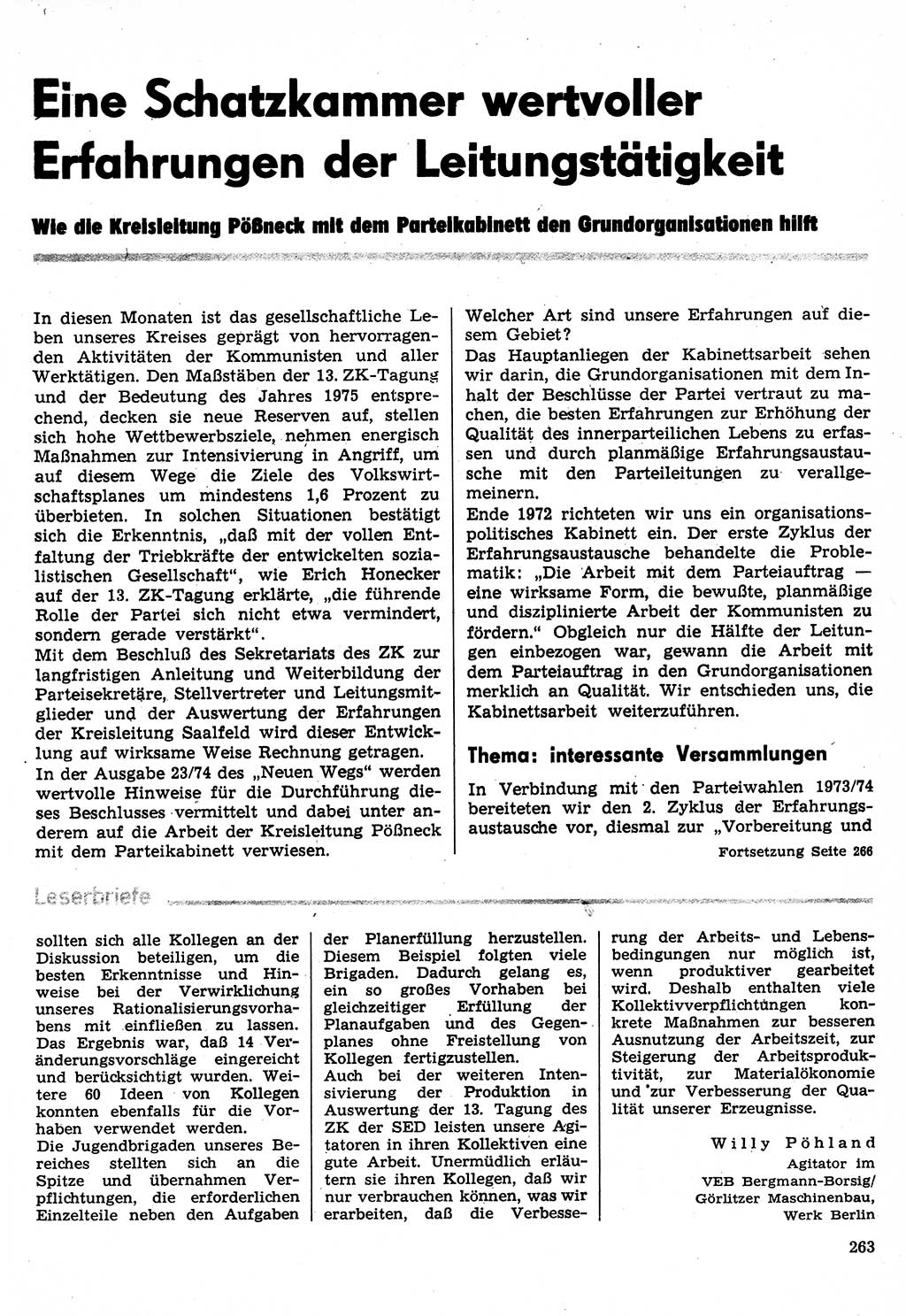 Neuer Weg (NW), Organ des Zentralkomitees (ZK) der SED (Sozialistische Einheitspartei Deutschlands) für Fragen des Parteilebens, 30. Jahrgang [Deutsche Demokratische Republik (DDR)] 1975, Seite 263 (NW ZK SED DDR 1975, S. 263)