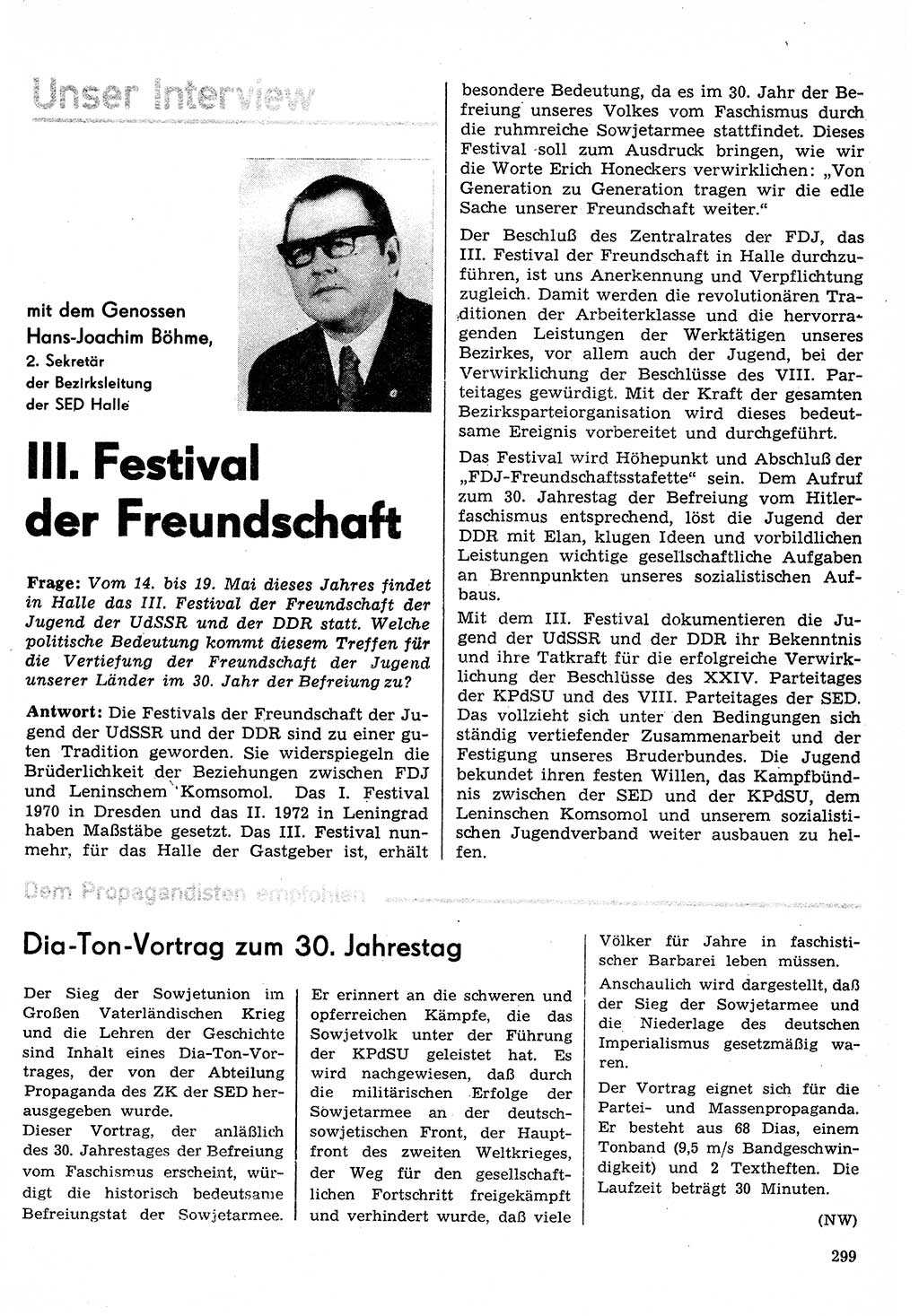 Neuer Weg (NW), Organ des Zentralkomitees (ZK) der SED (Sozialistische Einheitspartei Deutschlands) für Fragen des Parteilebens, 30. Jahrgang [Deutsche Demokratische Republik (DDR)] 1975, Seite 299 (NW ZK SED DDR 1975, S. 299)